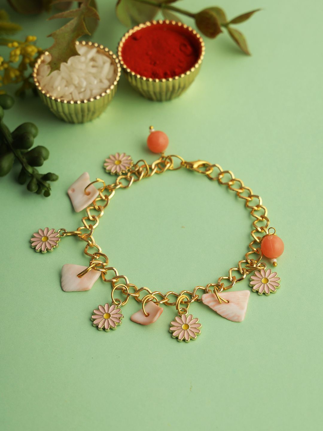 

Sangria Beaded Wraparound Rakhi with Roli Chawal & Greetings Card, Gold