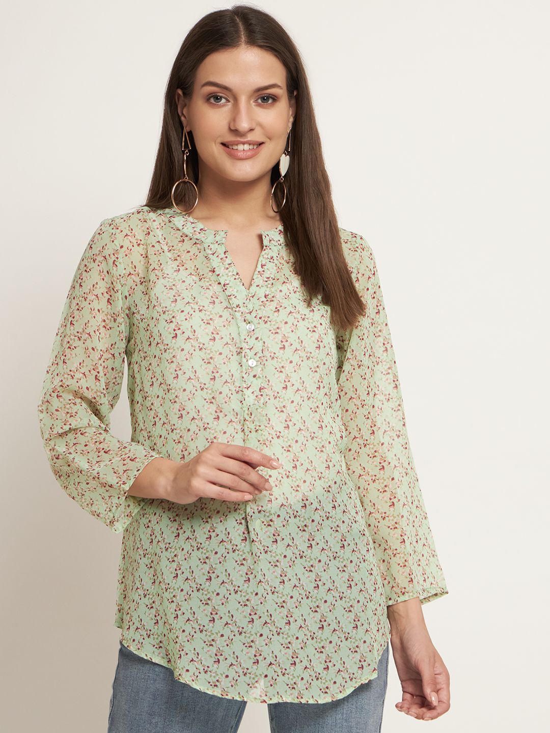 

Curvydrobe Women Printed Mandarin Collar Top, Lime green
