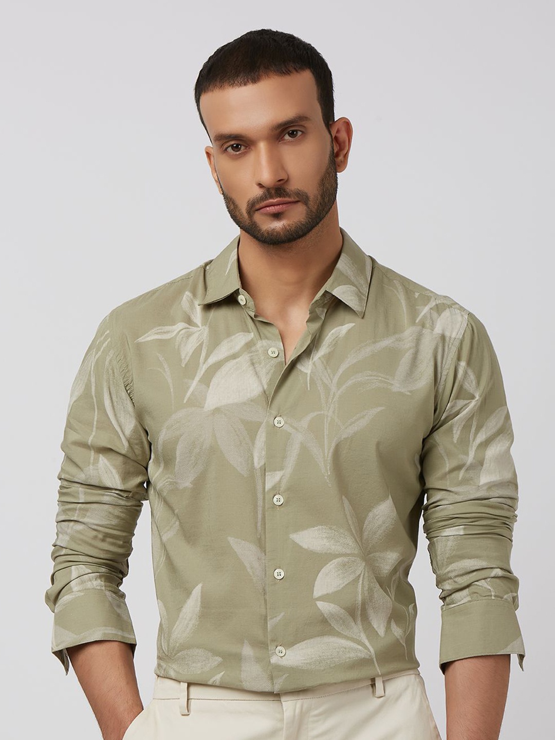 

Mufti Men Spread Collar Cotton Slim Fit Casual Shirt, Olive