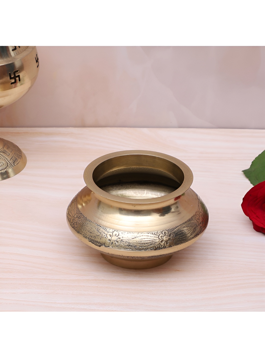 

Two Moustaches Floral Design Carving Brass Kalash, Gold