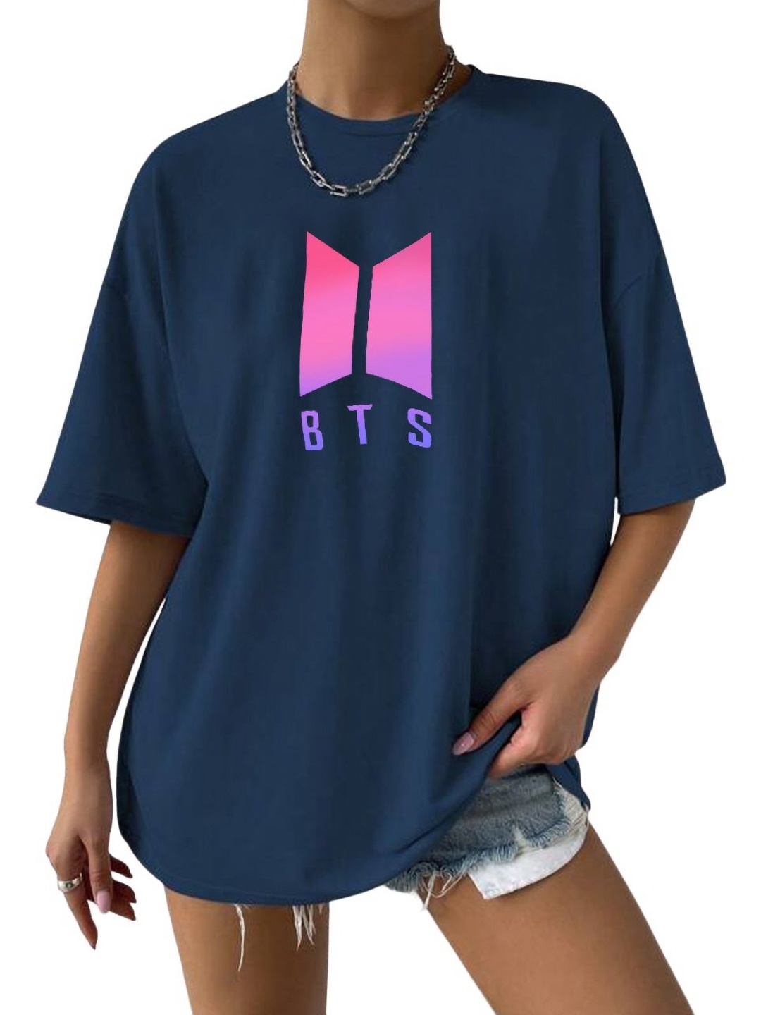 

TABADTOD Women Typography Printed V-Neck Applique T-shirt, Navy blue