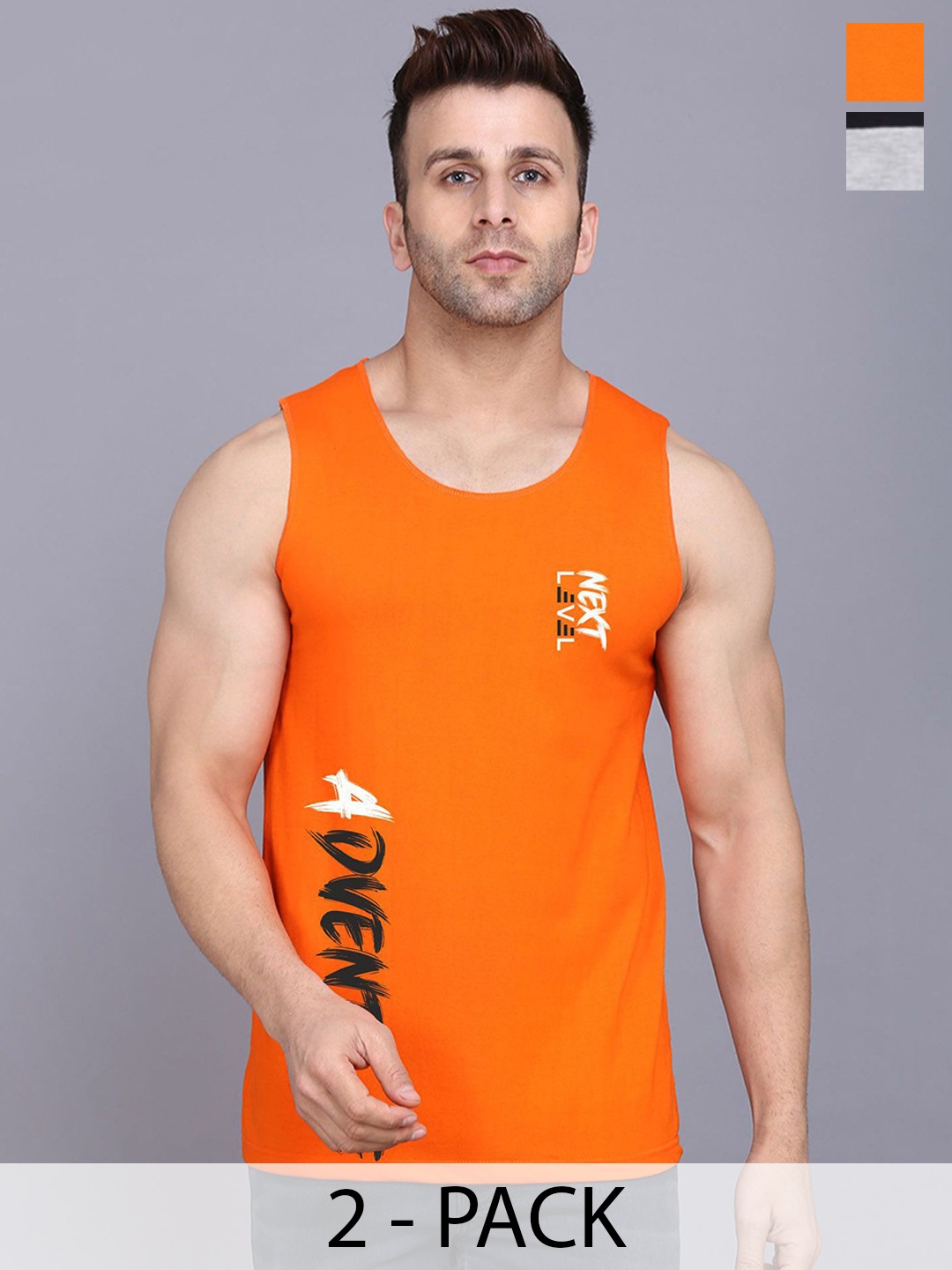 

SLOWLORIS Pack Of 2 Printed Gym Innerwear Vests SL26 COMBO (LOUD BLKGRY) (ADV ORANGE), Black