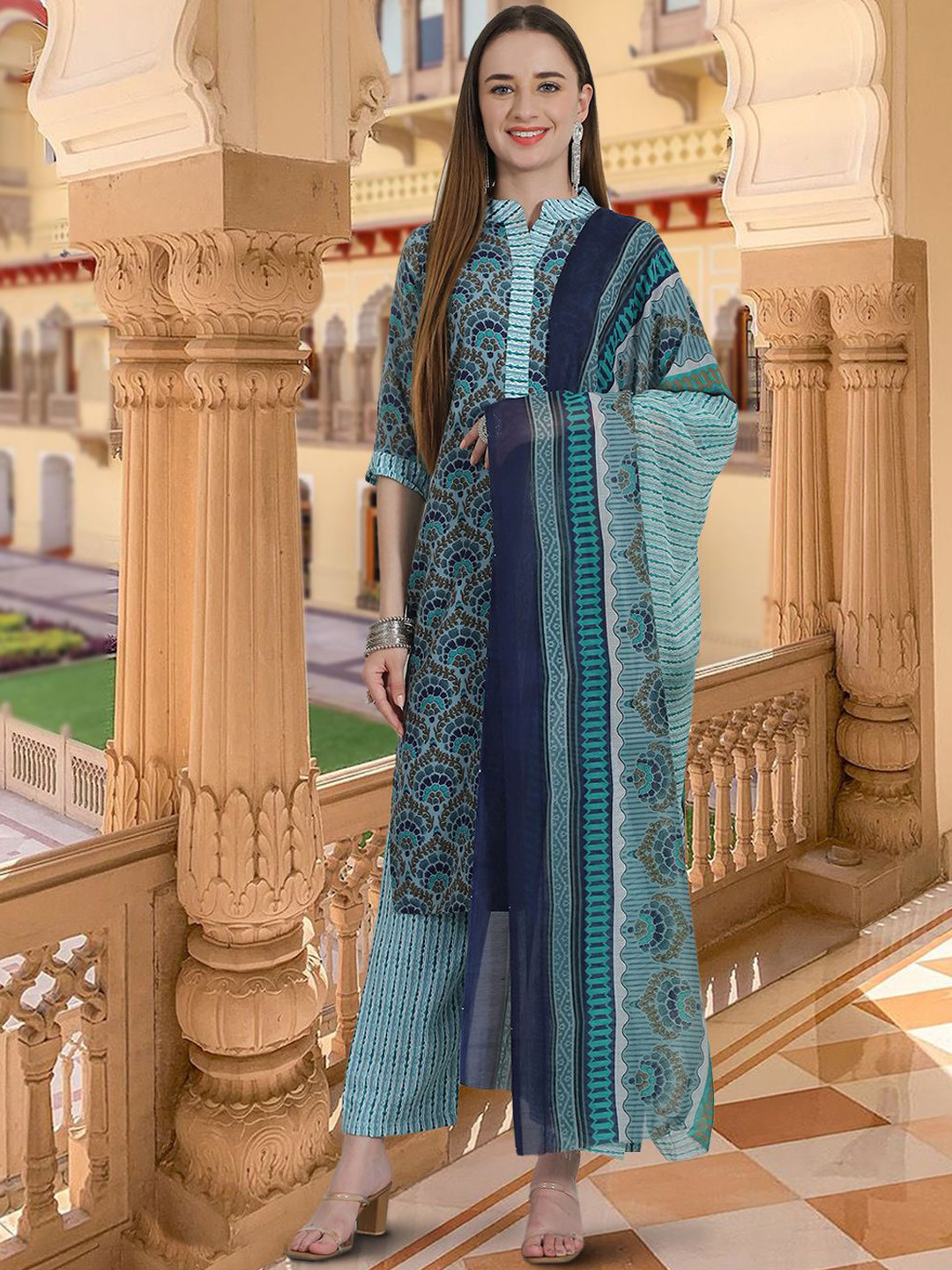 

Ethnic basket Floral Printed Mandarin Collar Pure Cotton Kurta With Trousers & Dupatta, Teal