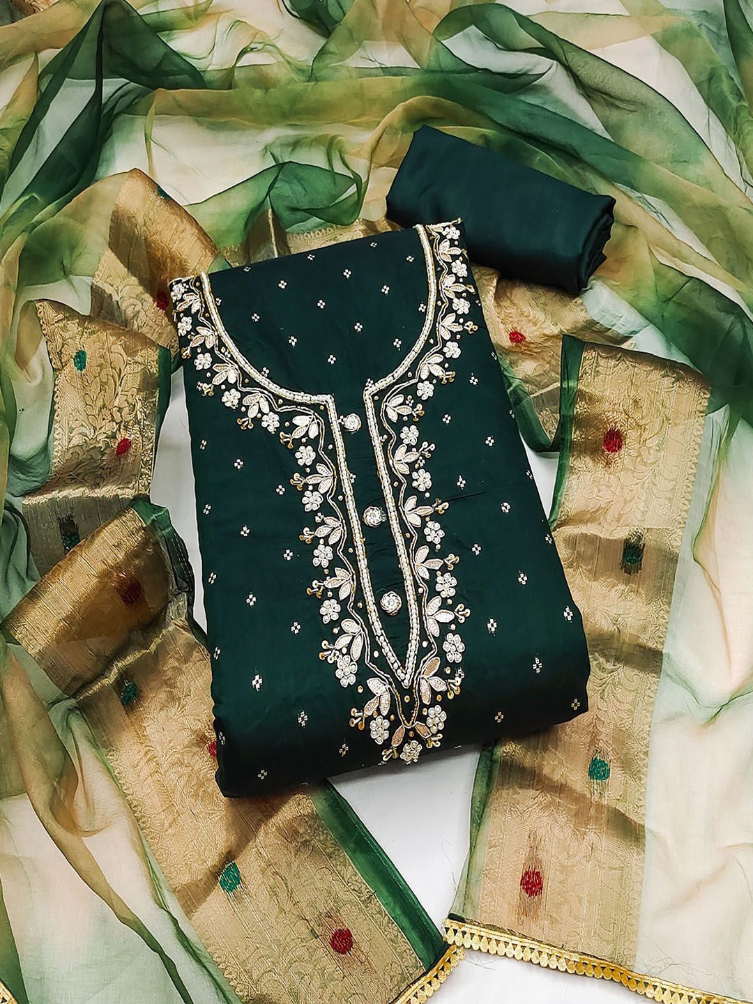 

Lilots Floral Woven Design Modal Silk Unstitched Dress Material, Green