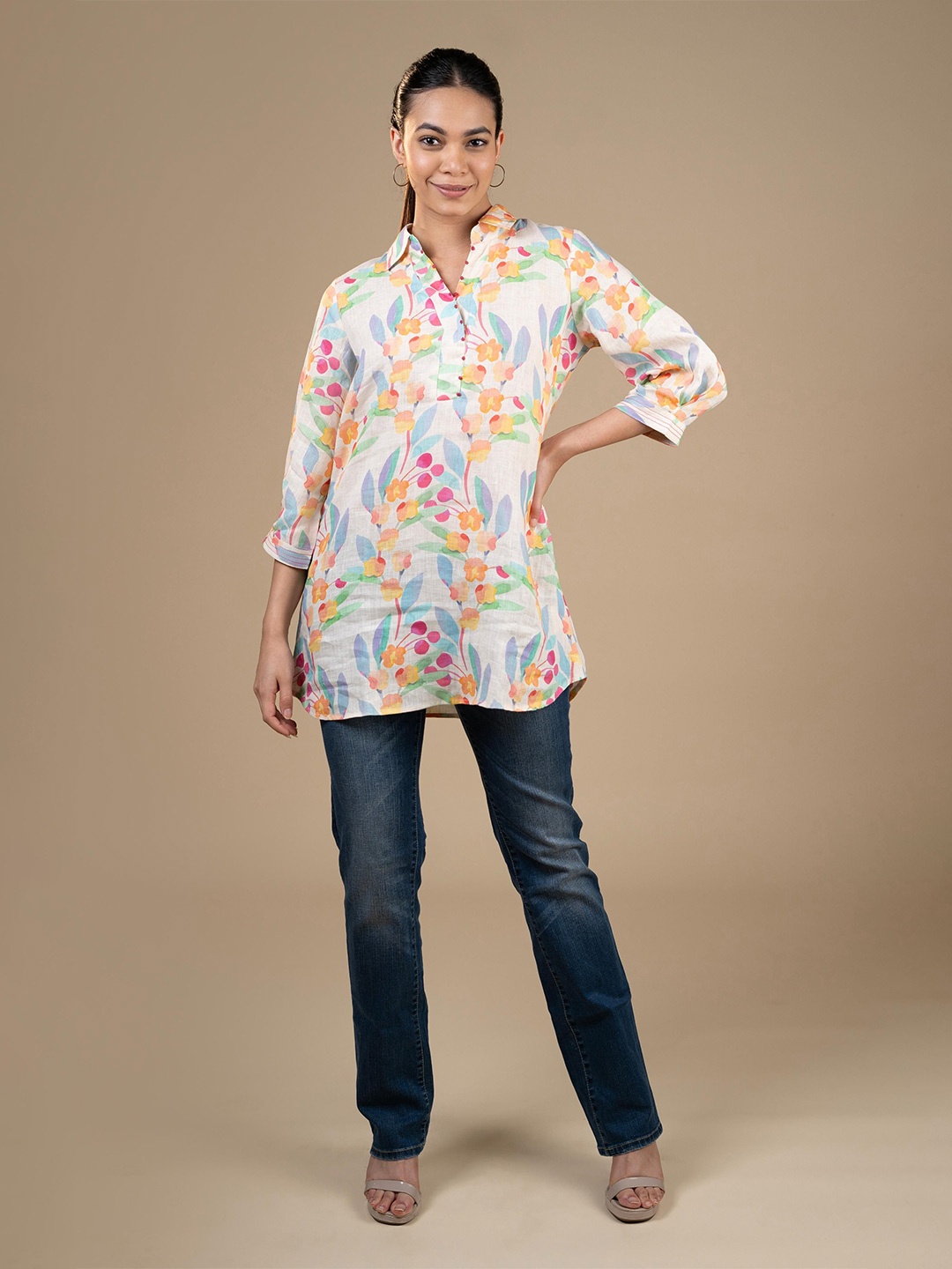 

Vividha creation Floral Printed Shirt Collar Linen Kurti, Cream
