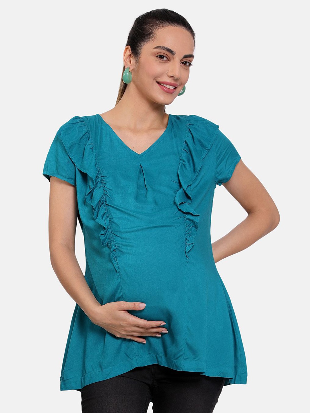 

MINI KLUB Women V-Neck Ruffles Detail Woven A-Line Longline Maternity Top, Teal