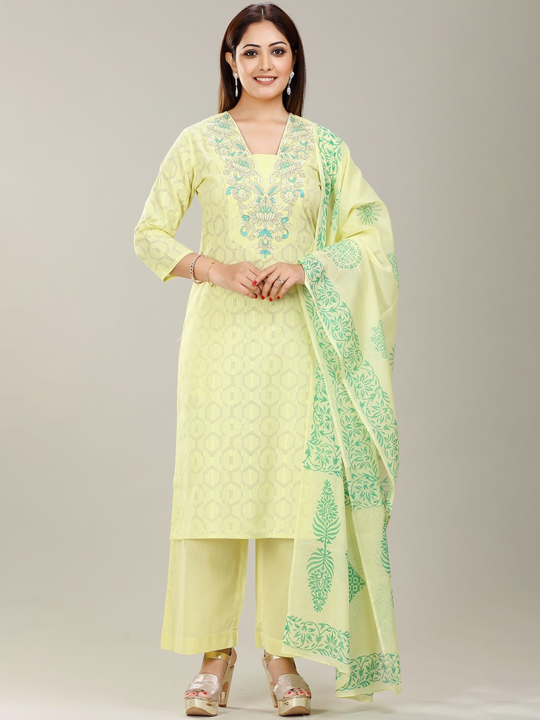 

COTTON CULTURE Geometric Printed Pure Cotton Straight Kurta With Palazzos & Dupatta, Lime green