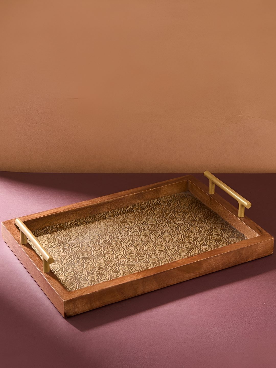 

Fabindia Brown & Yellow Floral Printed Wooden Serving Tray, Bronze
