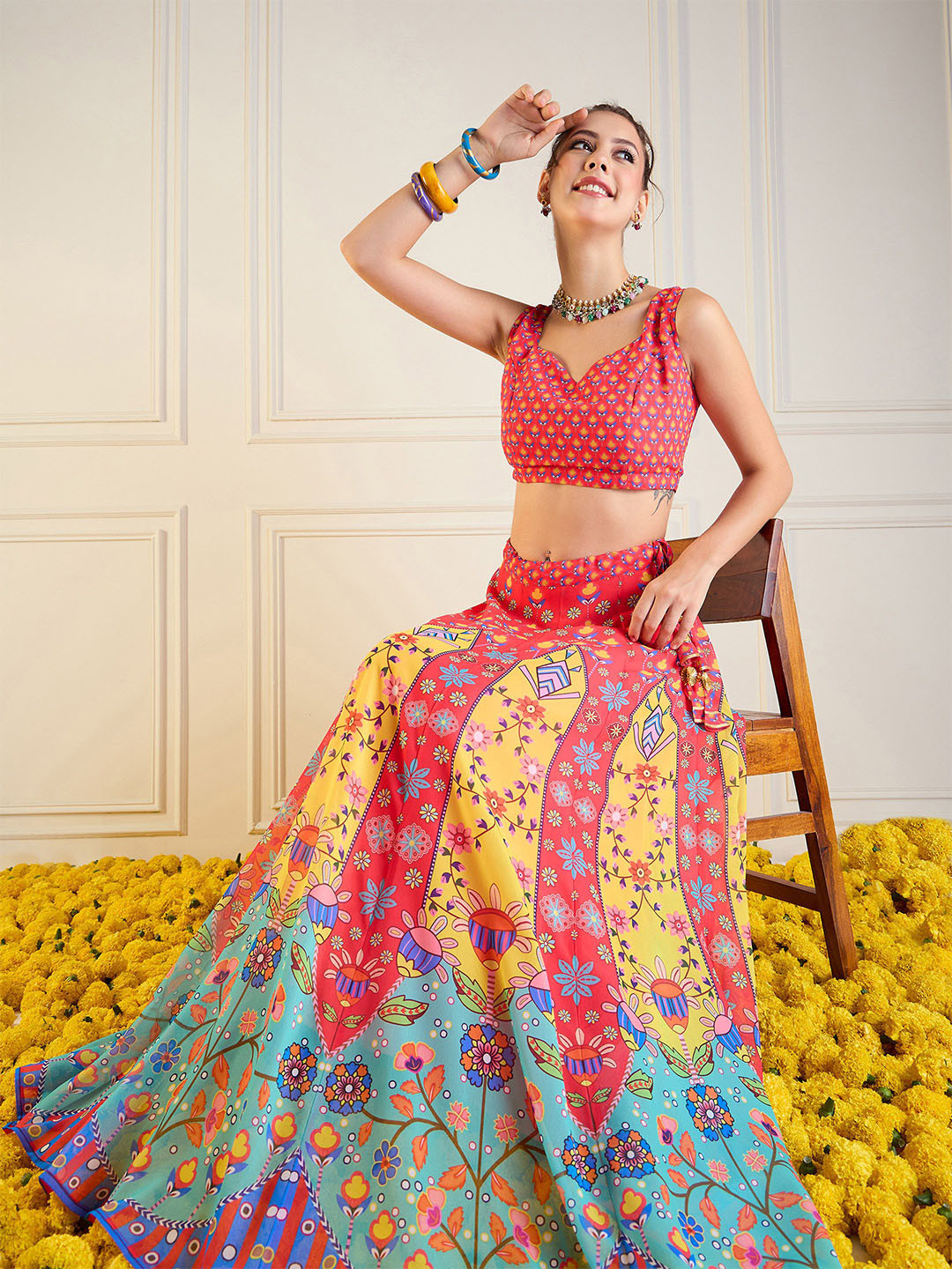 

Shae by SASSAFRAS Printed Sweetheart Neck Ready to Wear Lehenga & Choli, Red