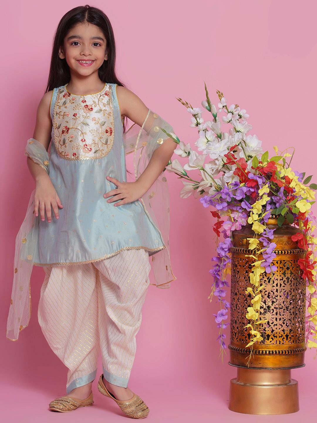 

Little Bansi Girls Floral Embroidered Cotton Silk A-Line Kurta With Patiala & Dupatta, Blue