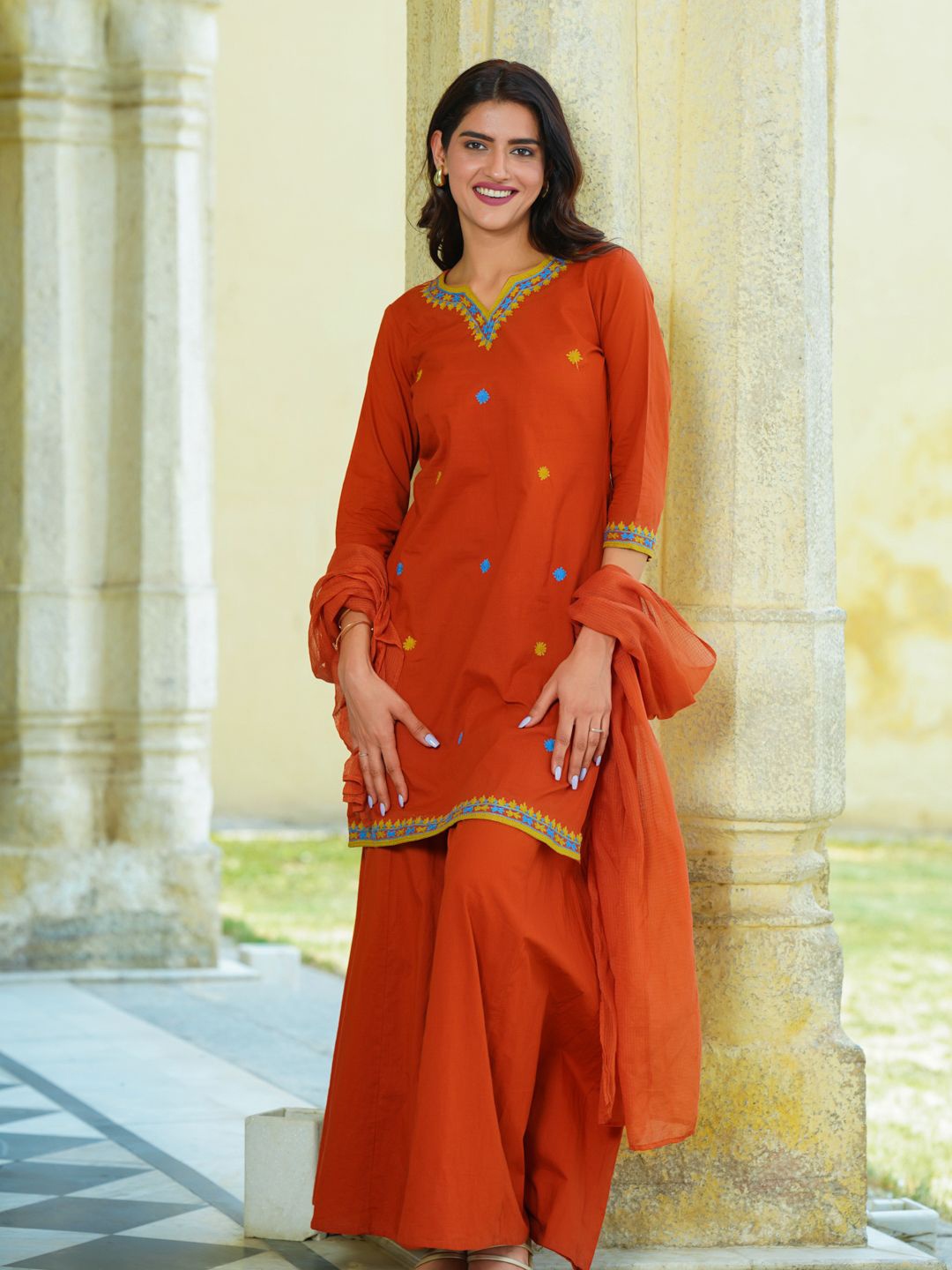 

Ambraee Floral Embroidered Aari Work Pure Cotton Straight Kurta With Sharara & Dupatta, Orange