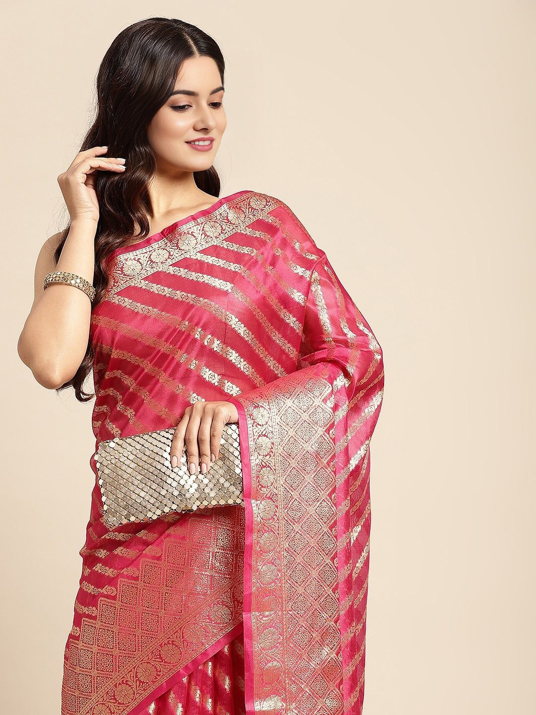 

KIMISHA Woven Design Zari Organza Banarasi Saree, Pink