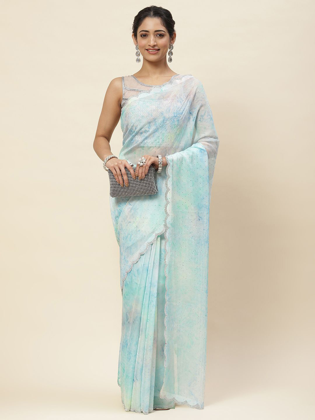 

Meena Bazaar Tie & Dye Embroidered Embellished Saree, Sea green