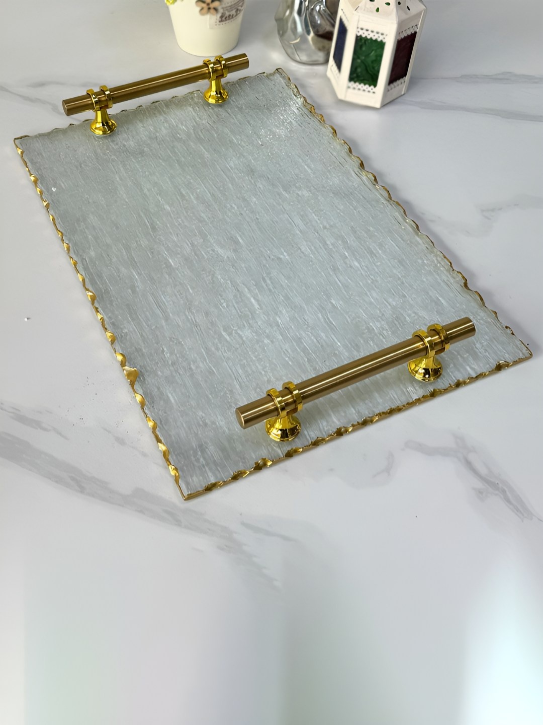 

Art Street Yellow & Blue Glass Rectangle Serving Tray With Handles, Gold