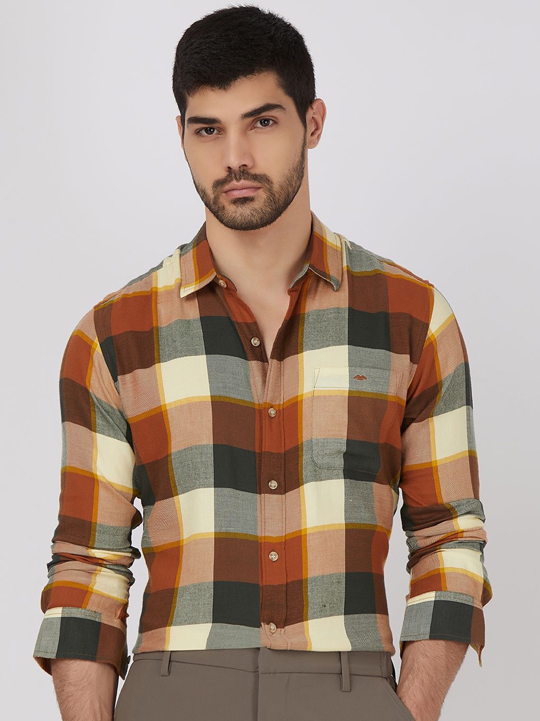 

Mufti Men Spread Collar Checked Cotton Slim Fit Casual Shirt, Rust