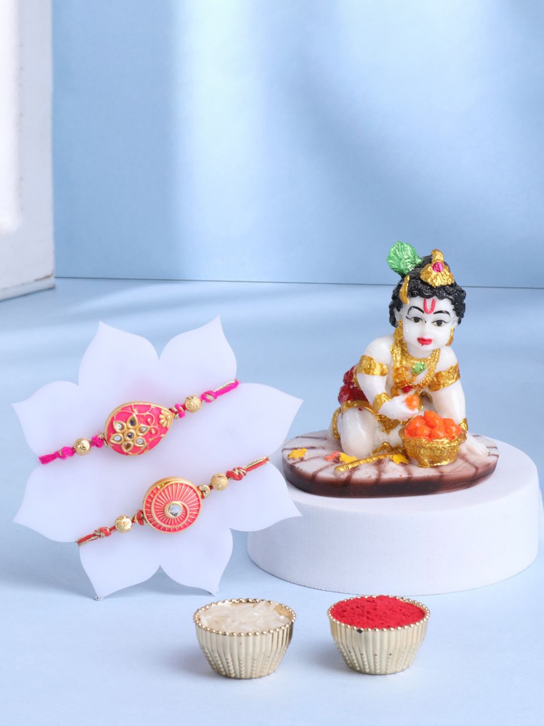 

Floweraura Set of 3 Meenakari Rakhi With Lord Bal Gopal Krishna Idols Showpiece Gift Set, Pink