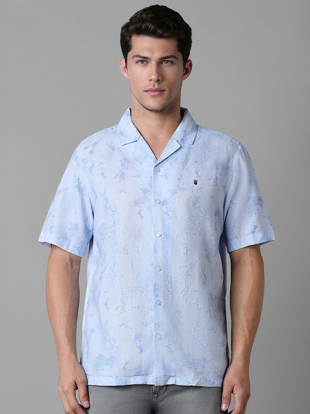 

Louis Philippe Sport Men Cuban Collar Floral Printed Cotton Slim Fit Casual Shirt, Blue
