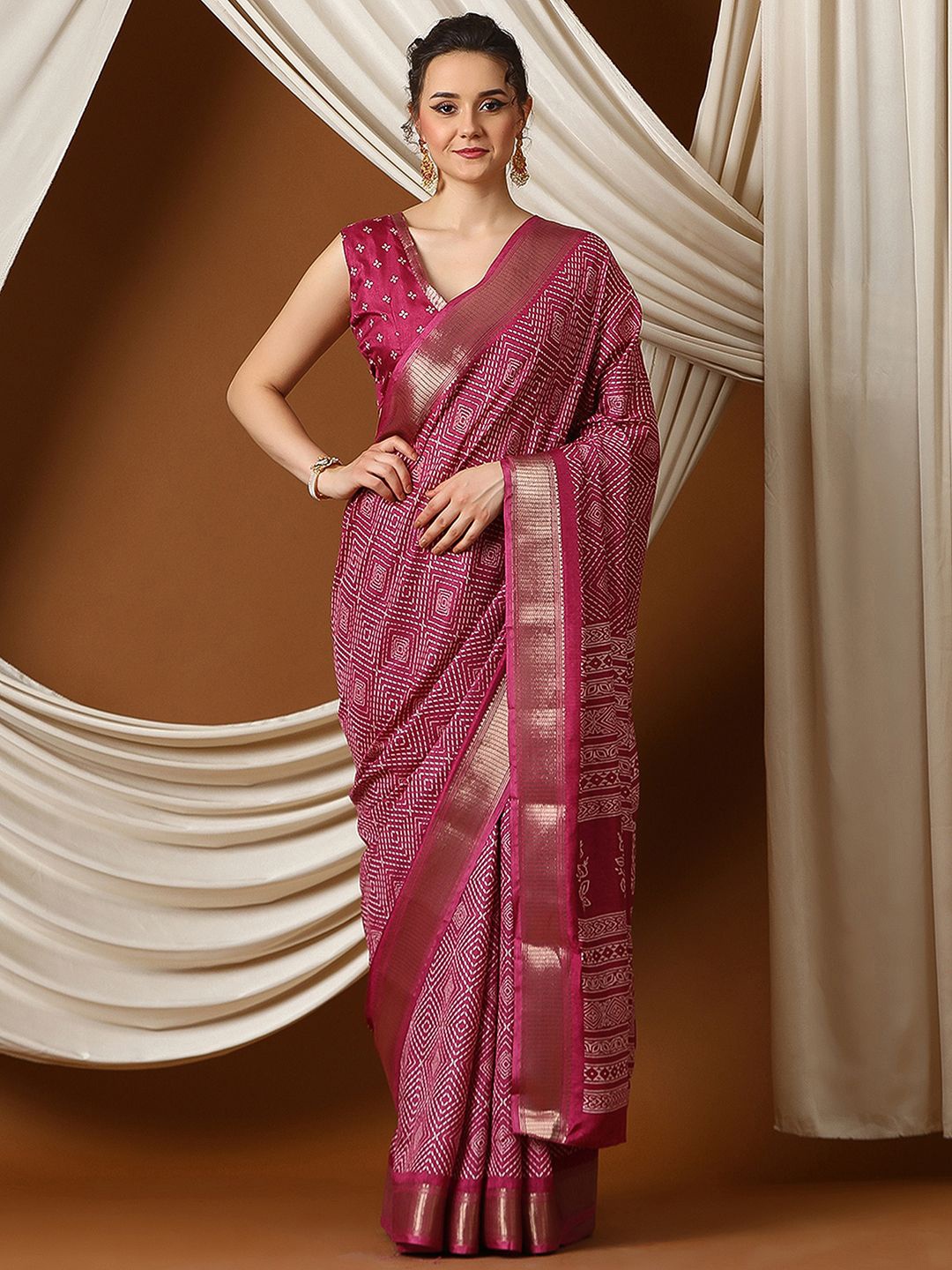 

KALINI Zari Silk Blend Sungudi Saree, Pink