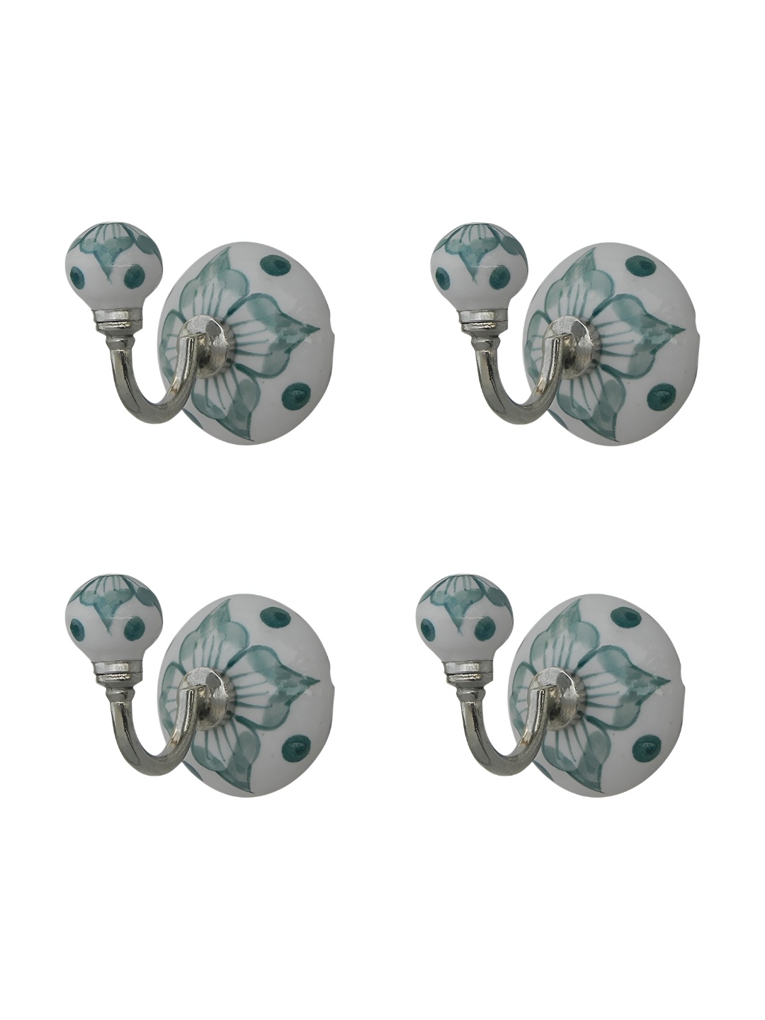 

Indianshelf Green & White 4 Pieces Printed Metal Hooks