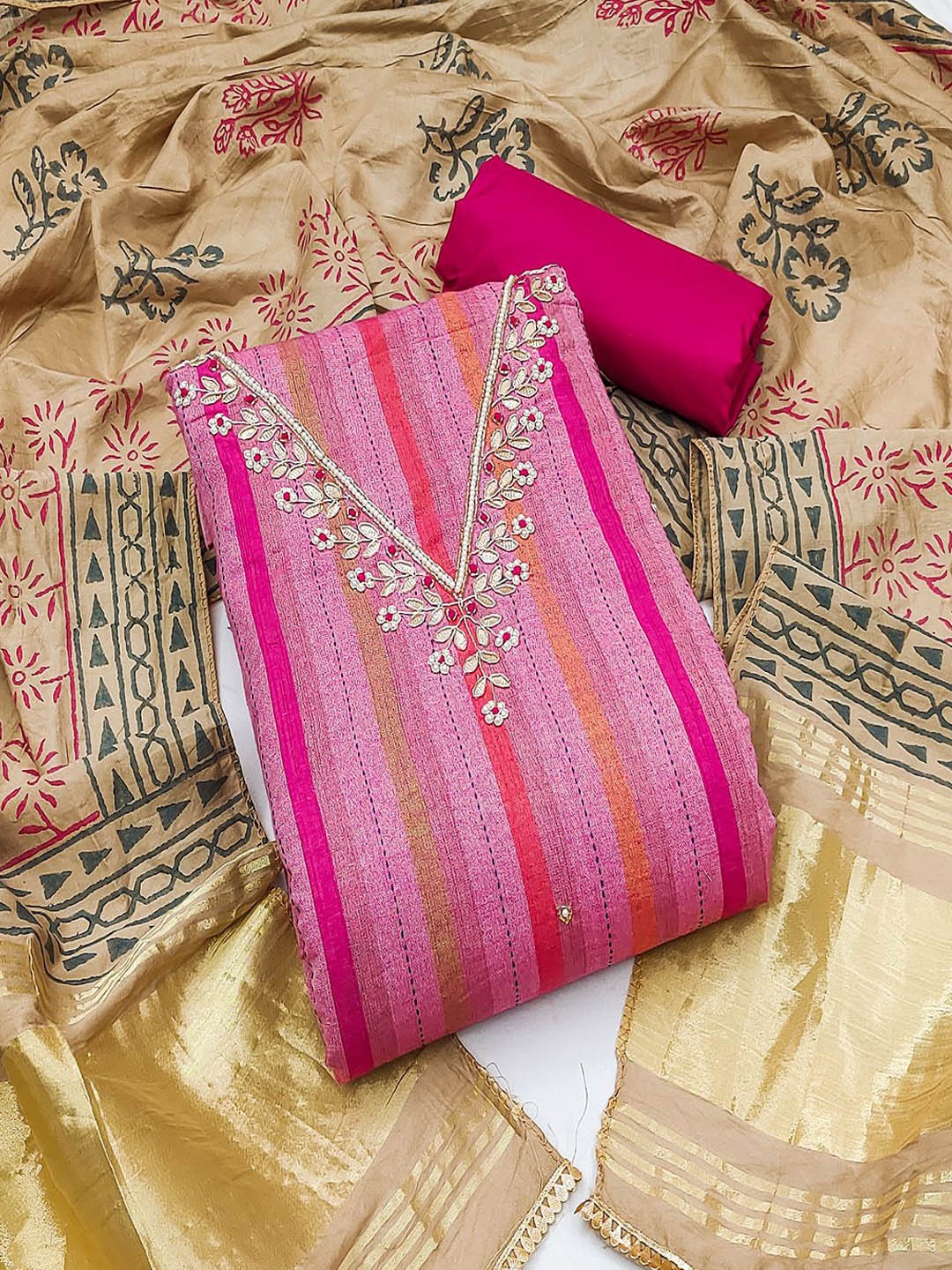 

Lilots Unstitched Dress Material, Pink