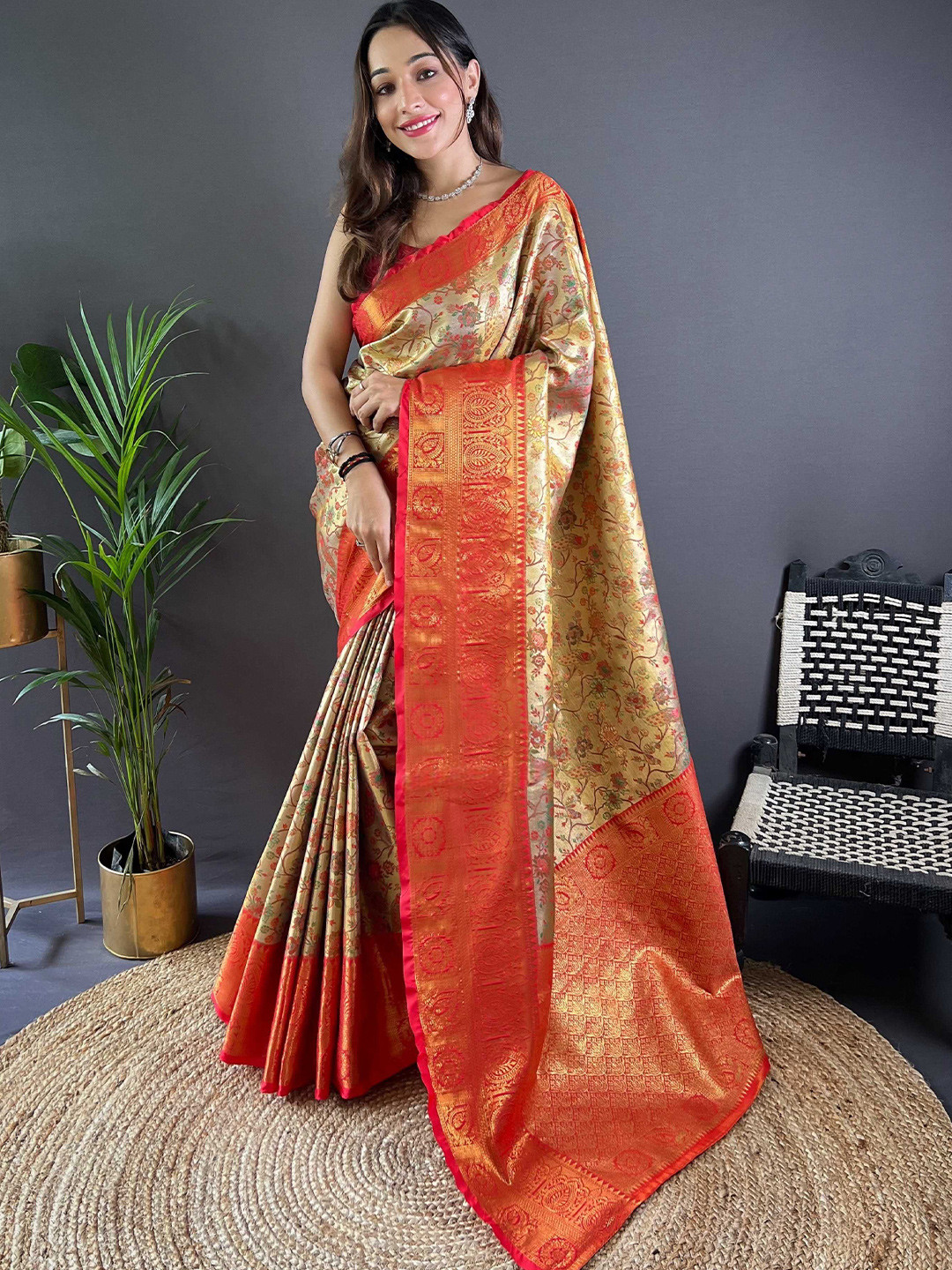 

Mitera Woven Design Zari Dharmavaram Saree, Red