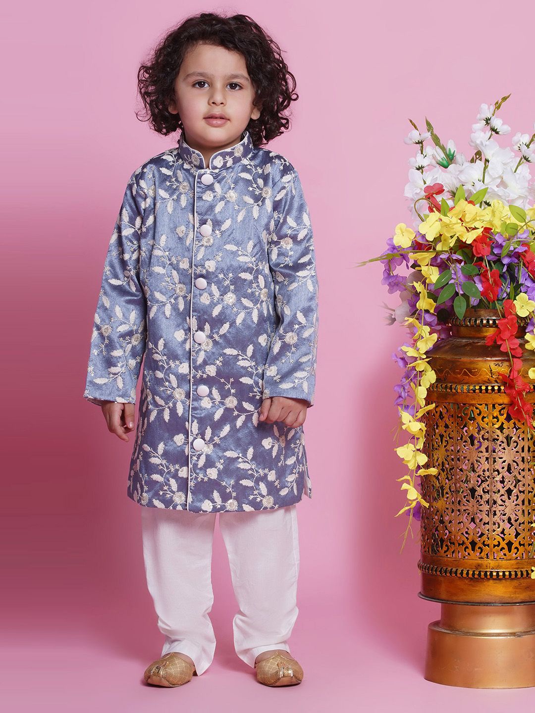 

Little Bansi Boys Embroidered Sherwani Set, Grey