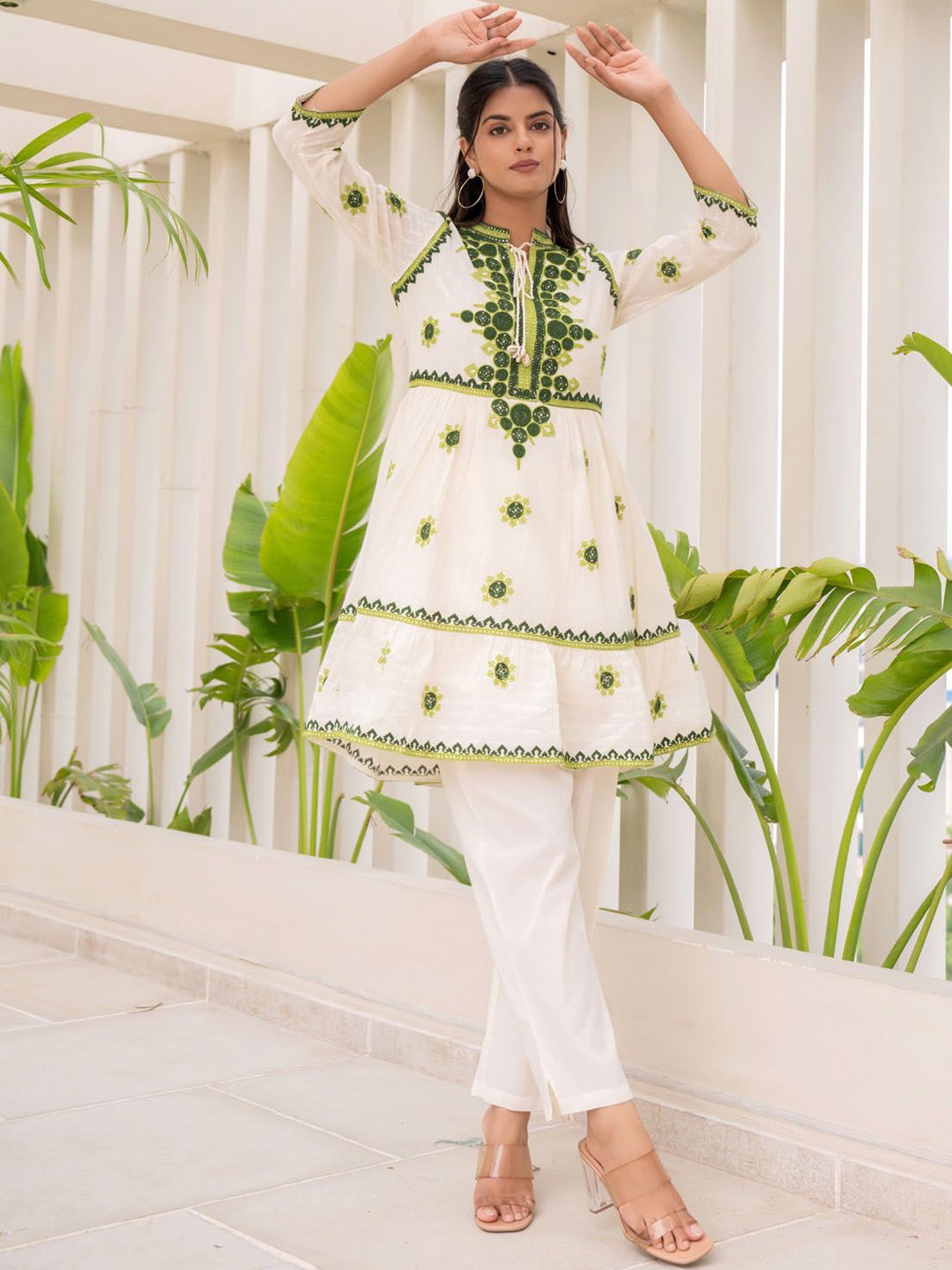 

FASHION DWAR Embroidered Pure Cotton Tunic With Trousers, Off white