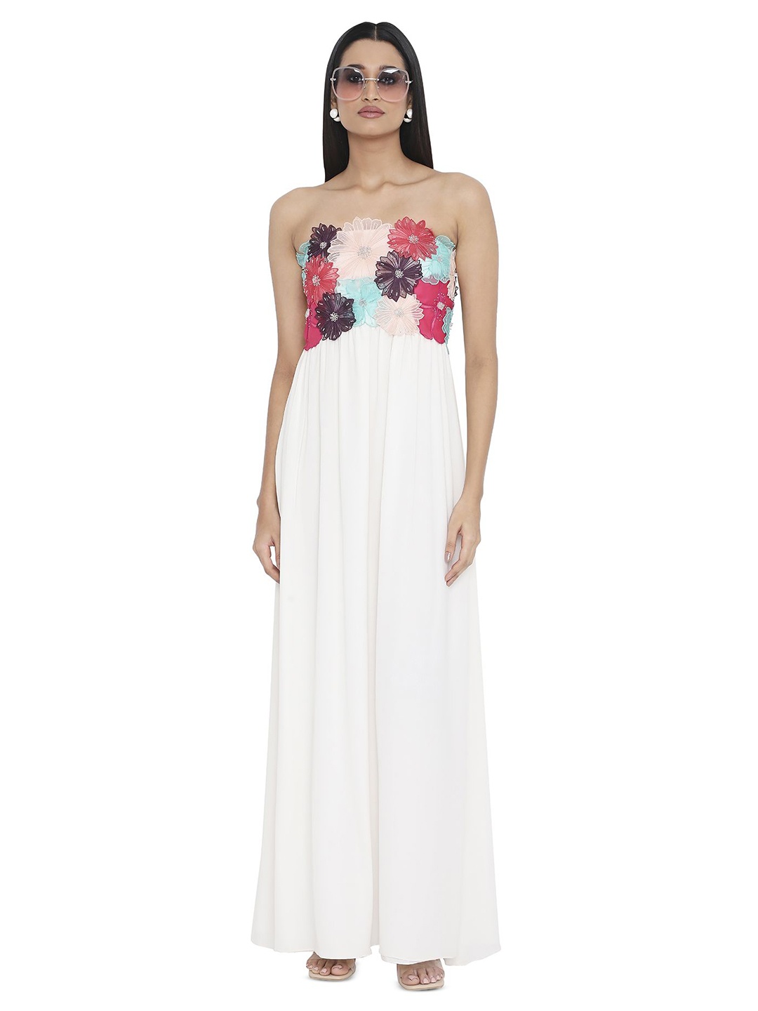 

Payal Singhal Floral Embroidered Strapless Sleeveless Maxi Dress, Off white