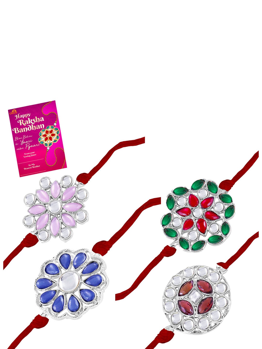 

Okos Set Of 4 Kundan Rhodium Plated Studded Thread Rakhis With Greeting Card, Silver