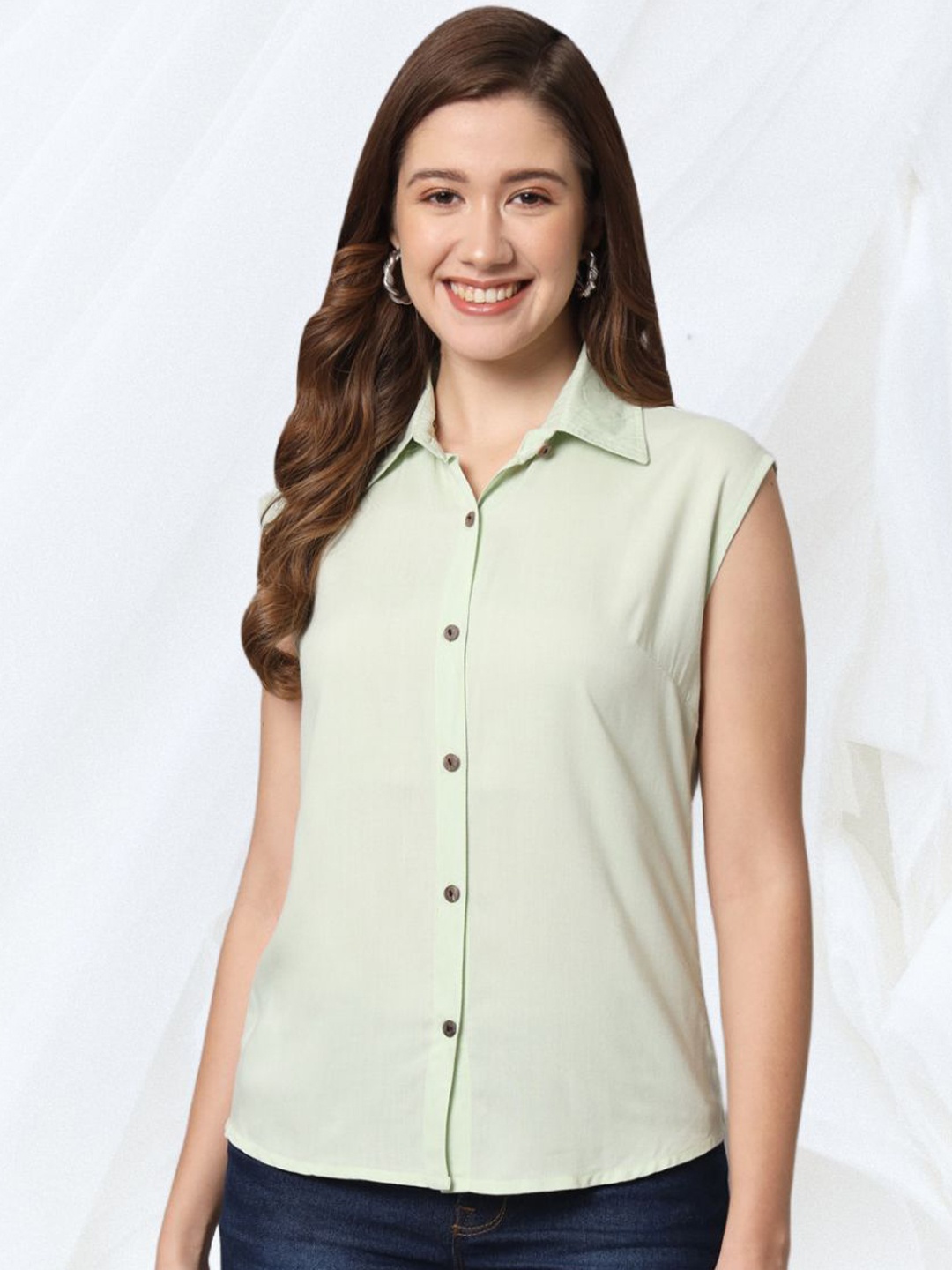 

Funday Fashion Women Spread Collar Solid Cotton Casual Shirt, Green