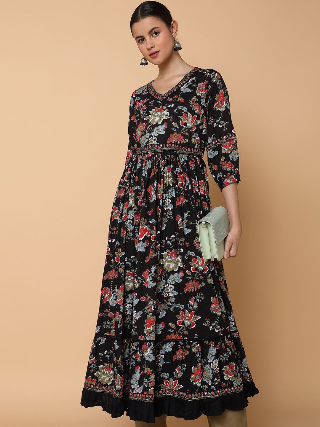 

SHOWOFF Floral Printed Pleated Anarkali Kurta, Black