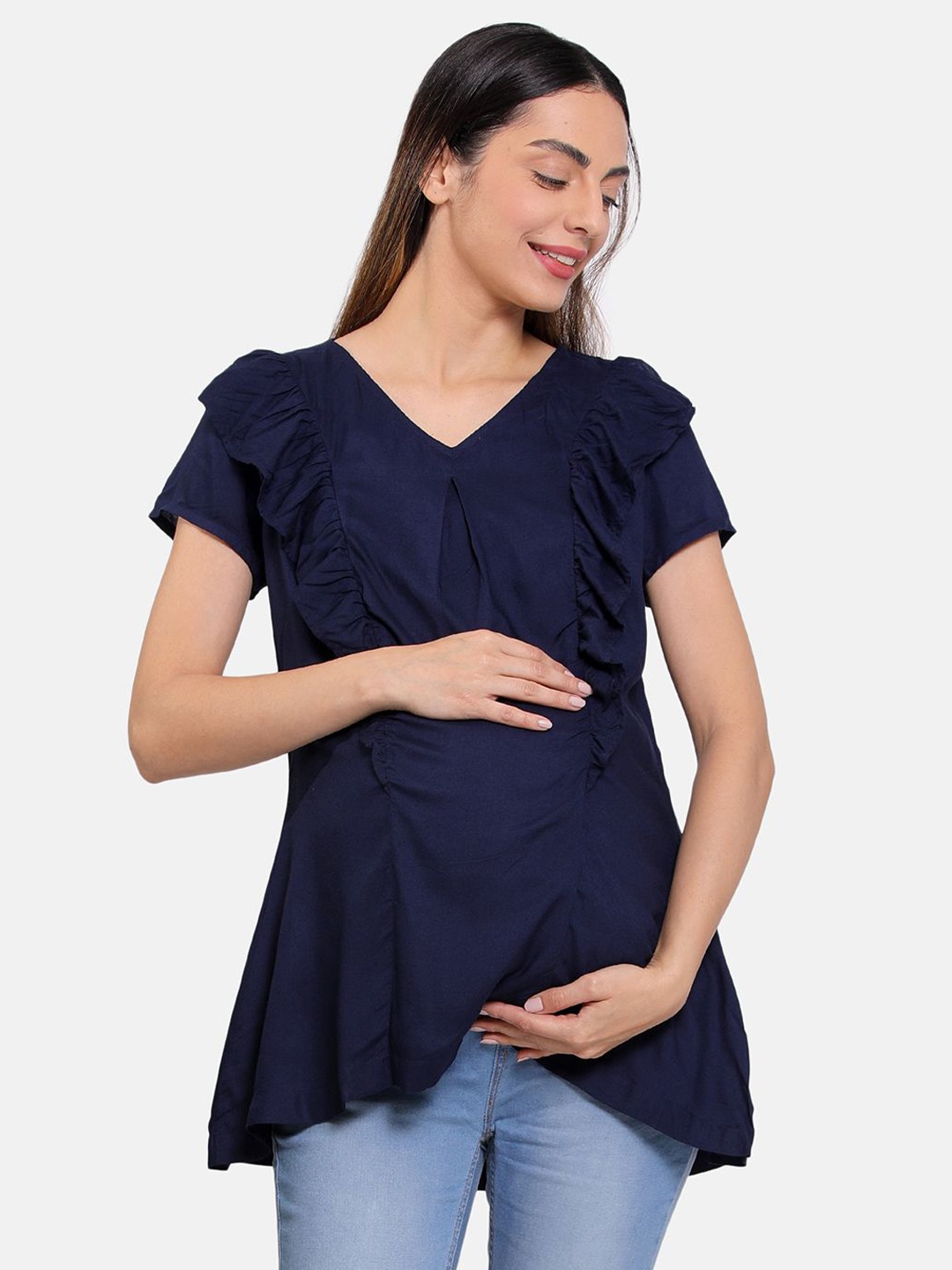 

MINI KLUB Women V-Neck Ruffles Detail Woven A-Line Maternity Top, Navy blue