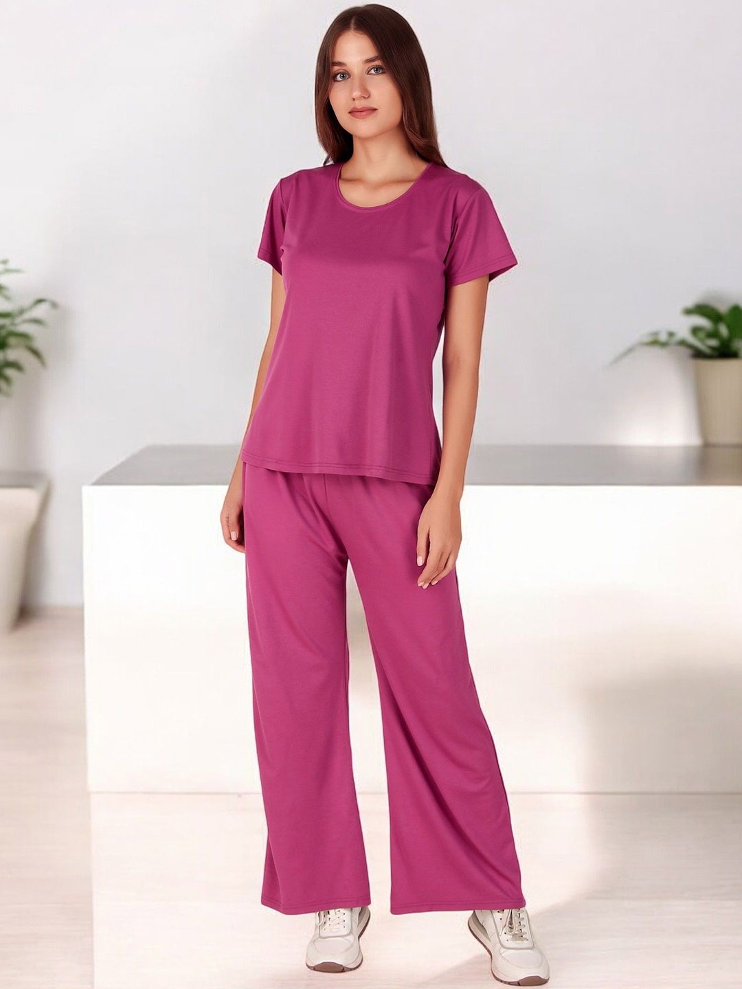

Fasense Women Round Neck Top & Flared Trouser Co-Ords, Pink
