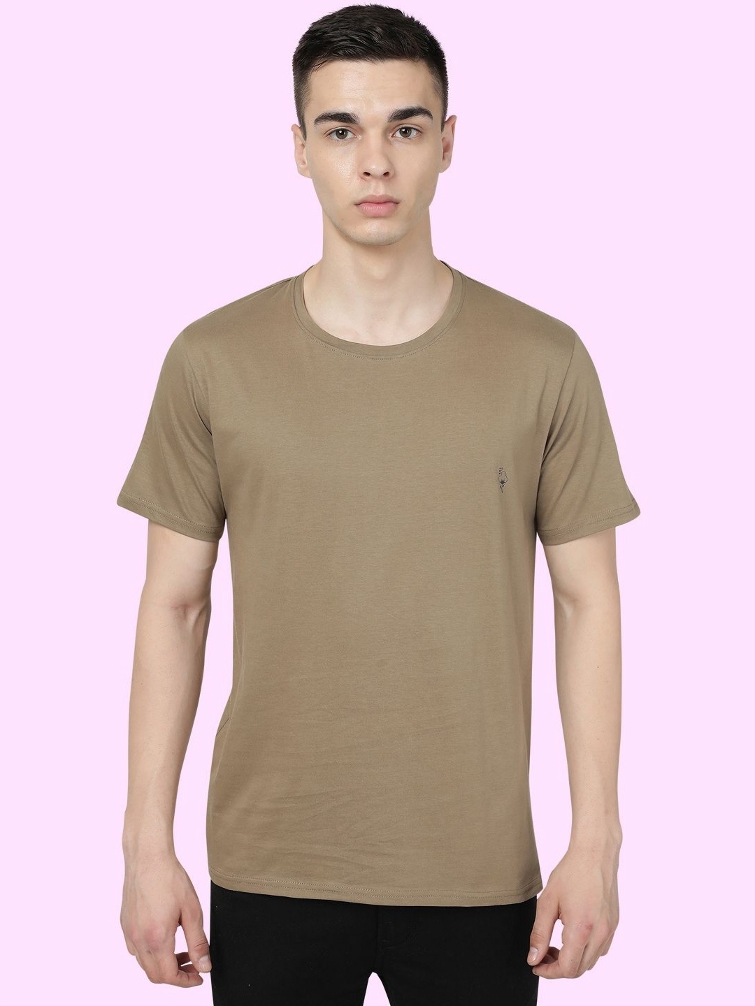 

MANTICORE Men Solid Round Neck Cotton T-shirt, Khaki