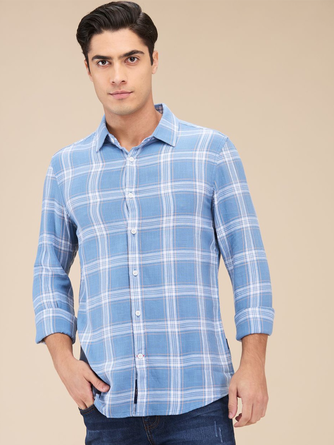 

Being Human Men Slim Fit Windowpane Checks Opaque Checked Casual Shirt, Blue