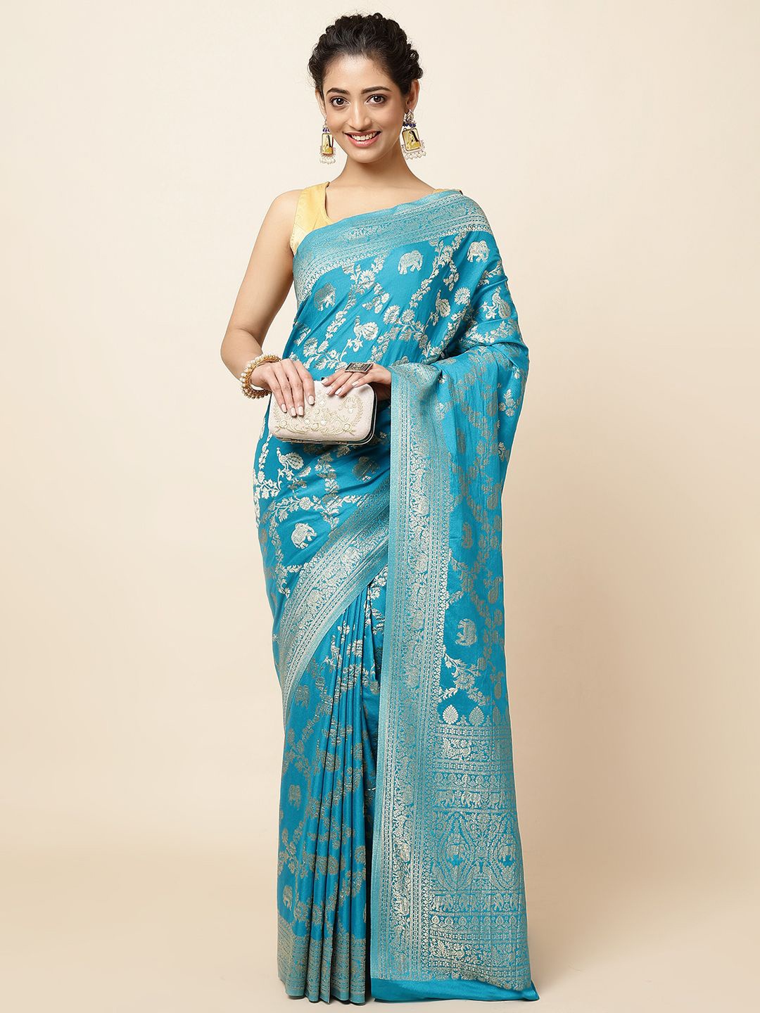 

Meena Bazaar Floral Zari Saree, Blue