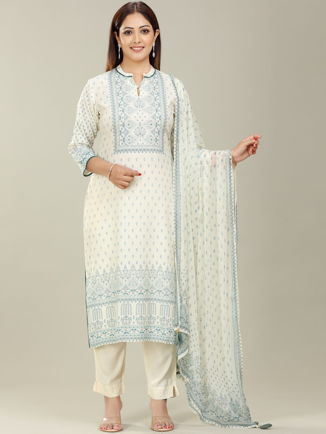 

COTTON CULTURE Ethnic Motifs Printed Pure Cotton Straight Kurta With Churidar & Dupatta, Cream