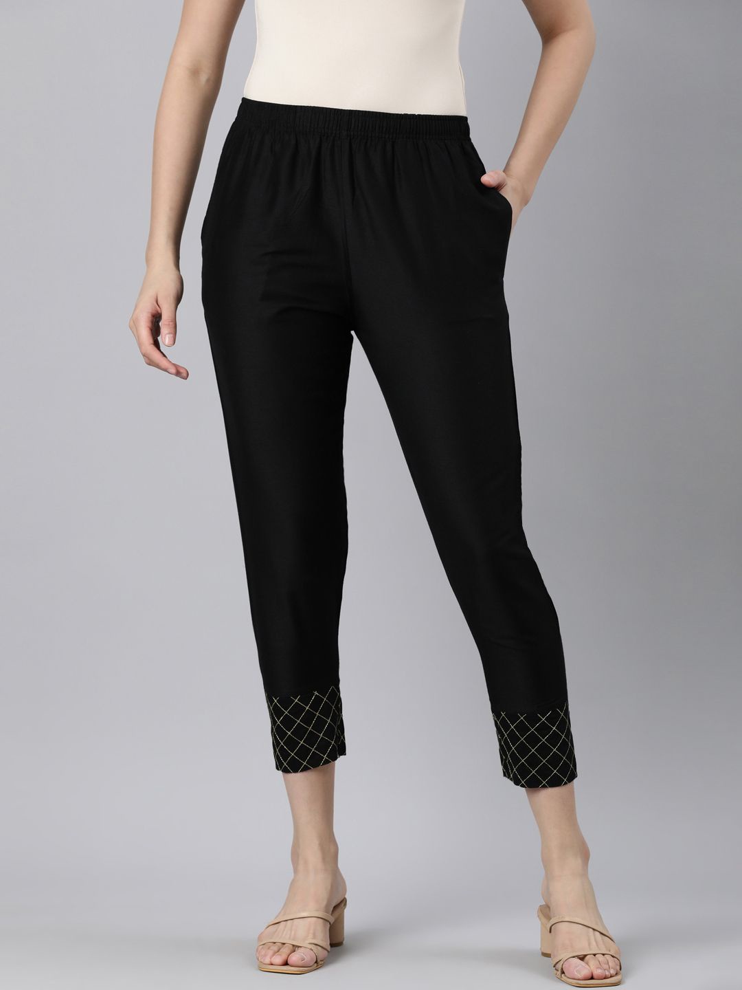 

Twin Birds Women Embroided Shimmer Straight fit Trouser, Black