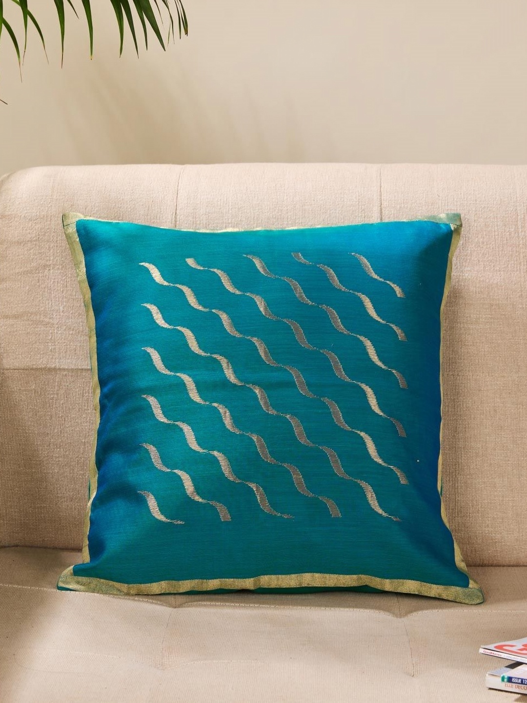 

Fabindia Teal Blue & Gold-Toned Self Design Cotton Silk Square Cushion Covers