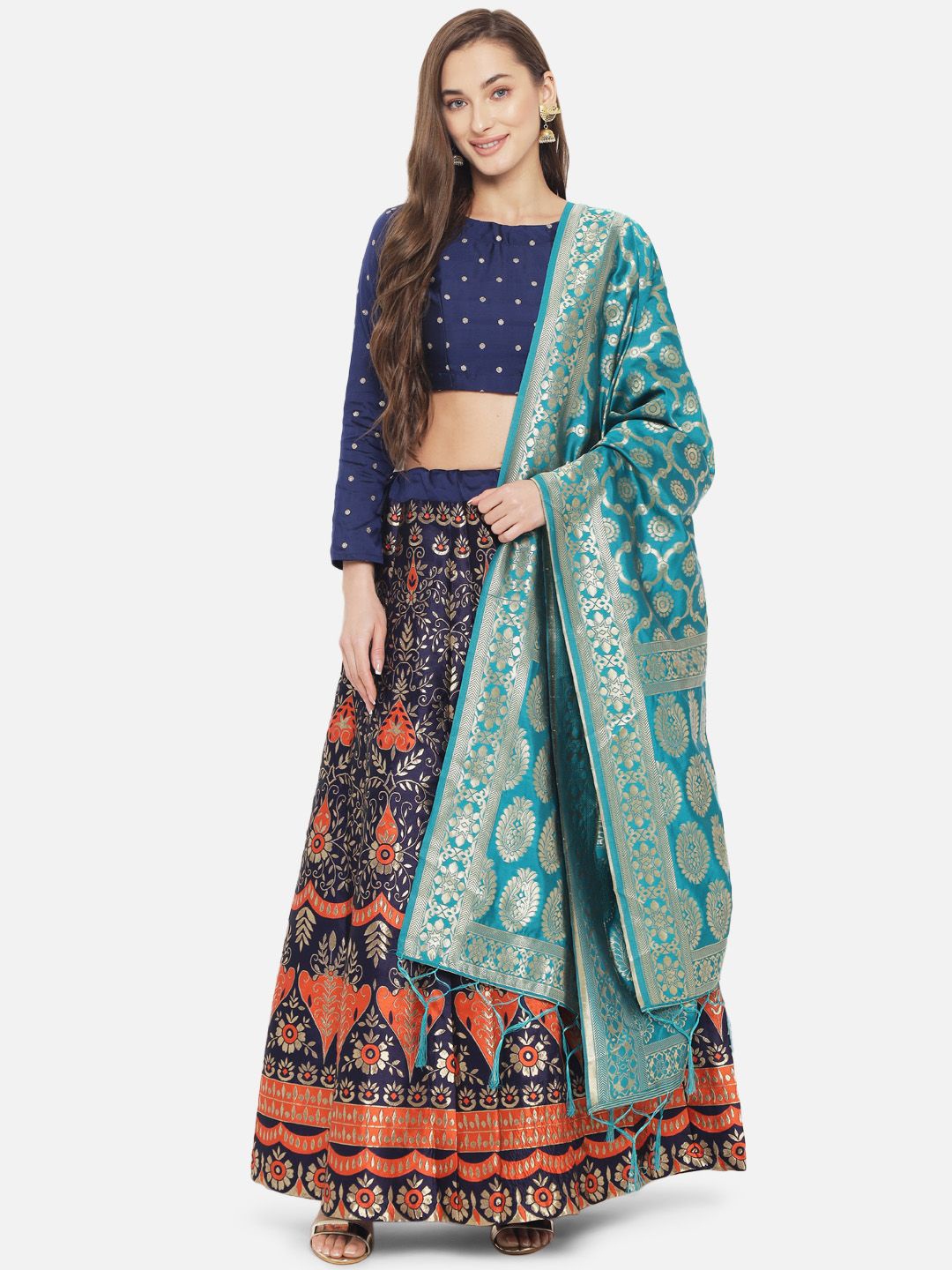 

MAGMINA Woven Design Jacquard Semi-Stitched Lehenga & Unstitched Blouse With Dupatta, Orange