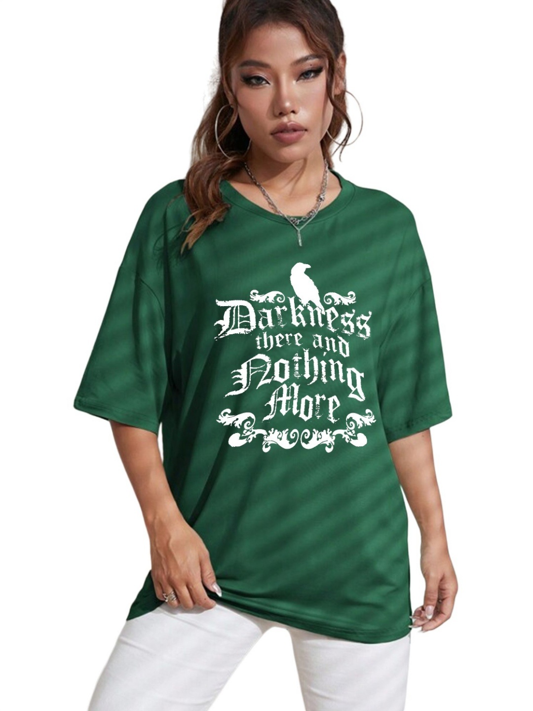 

TABADTOD Women Typography Printed Drop Shoulder Sleeves Oversized T-shirt, Green