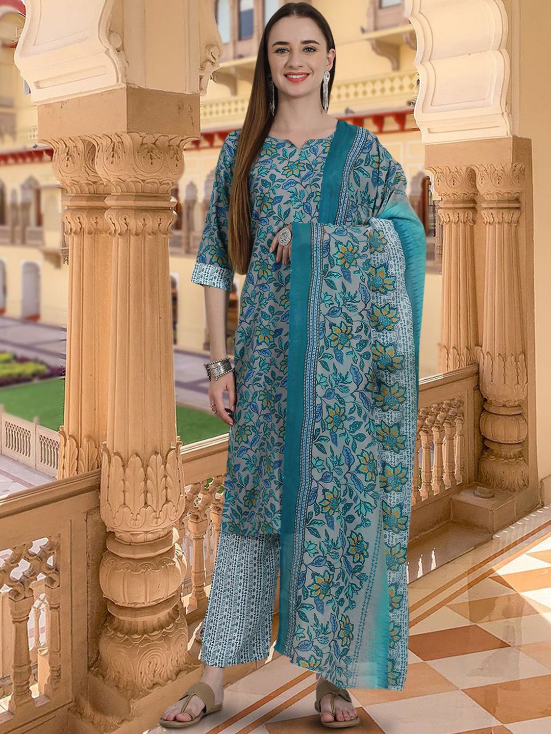 

Ethnic basket Floral Printed Pure Cotton Straight Kurta With Trousers & Dupatta, Grey melange