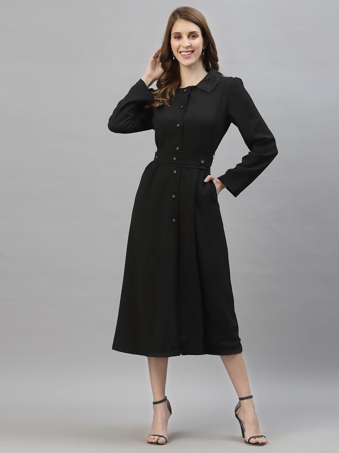 

HOUSE OF KKARMA Shirt Collar Shirt Midi Dress, Black