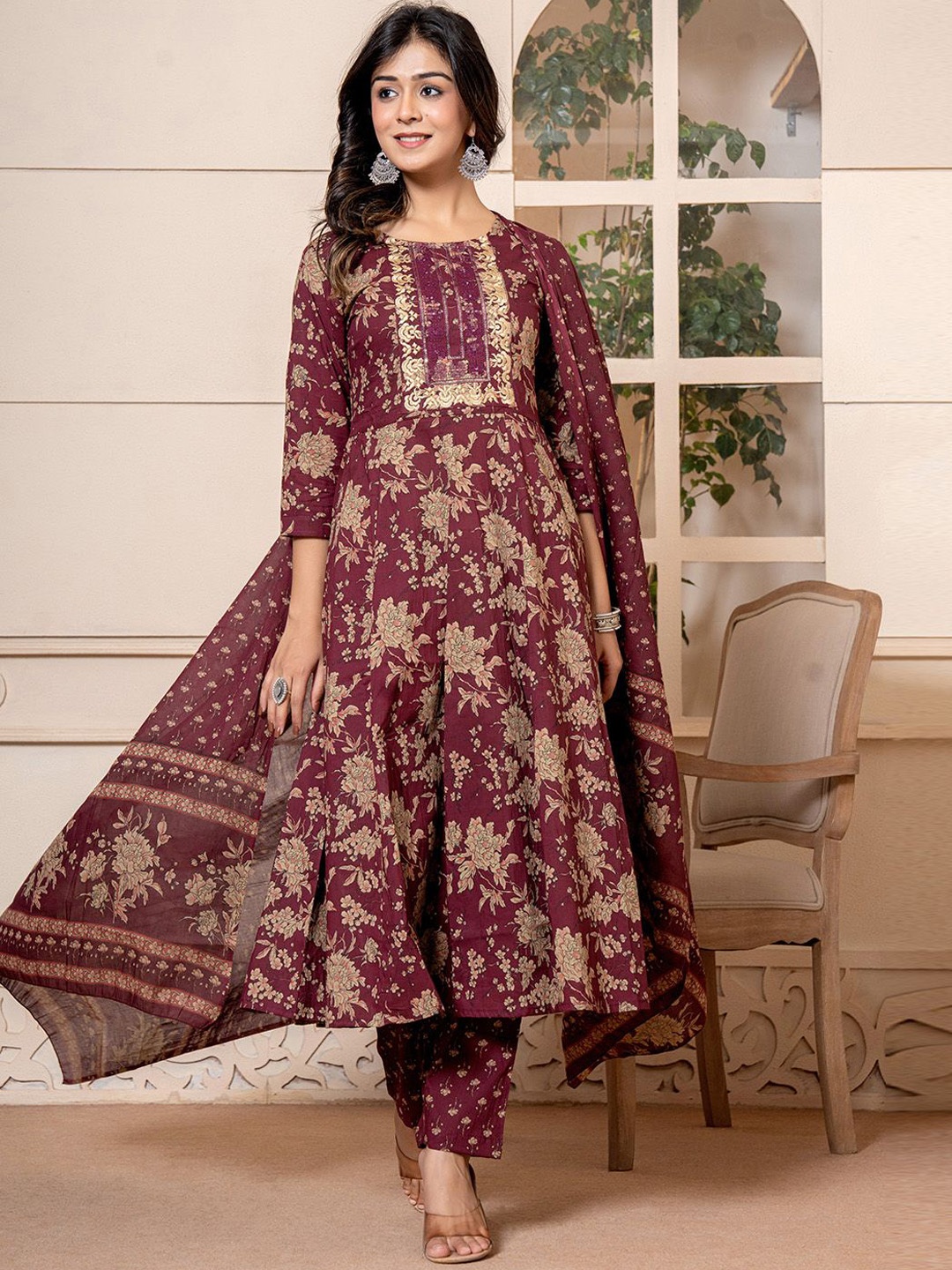 

Yufta Floral Printed Sequinned Pure Cotton Anarkali Kurta With Trousers & Dupatta, Burgundy