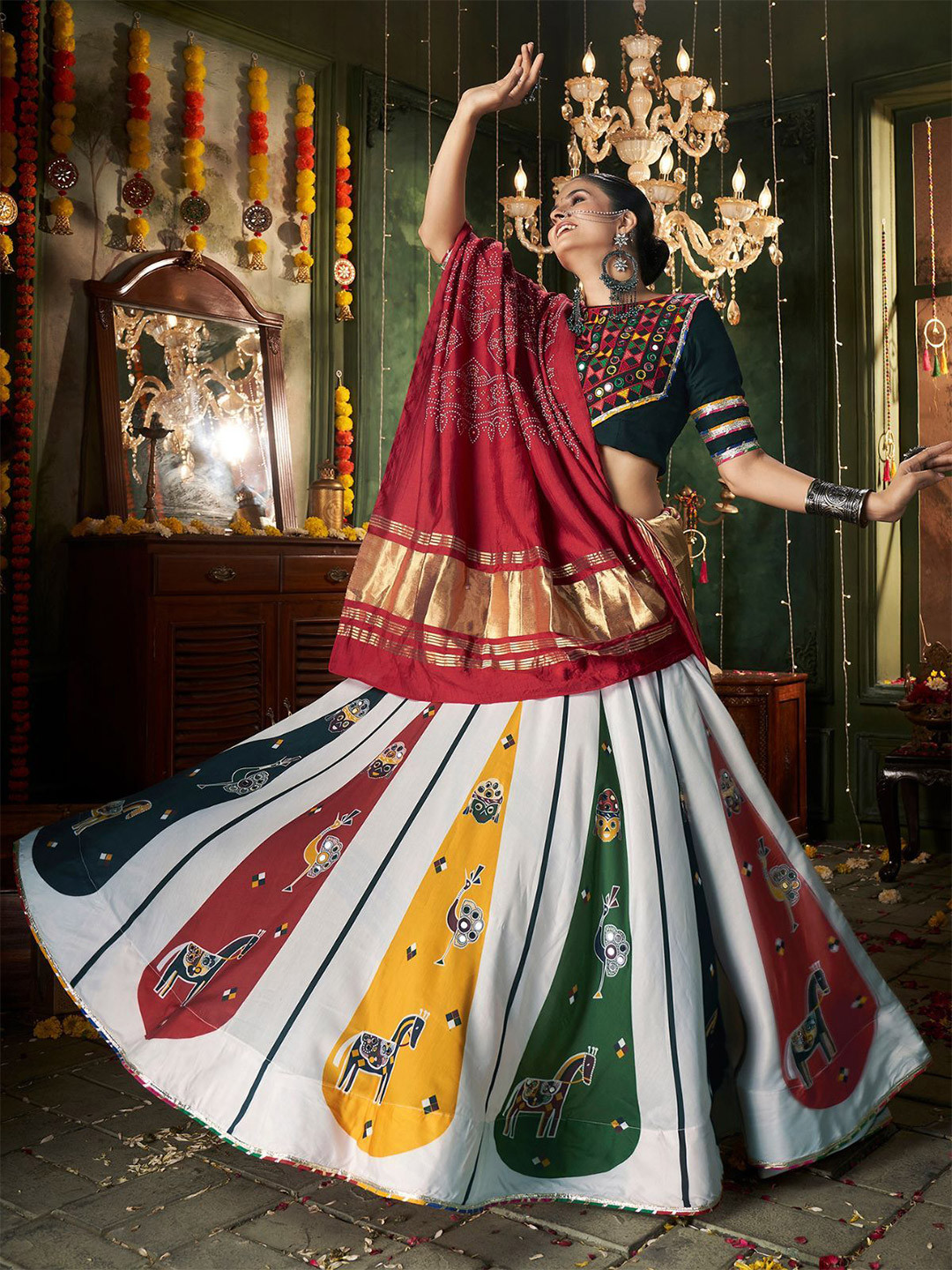 

ODETTE Embellished Mirror Work Ready to Wear Lehenga & Blouse With Dupatta, Maroon