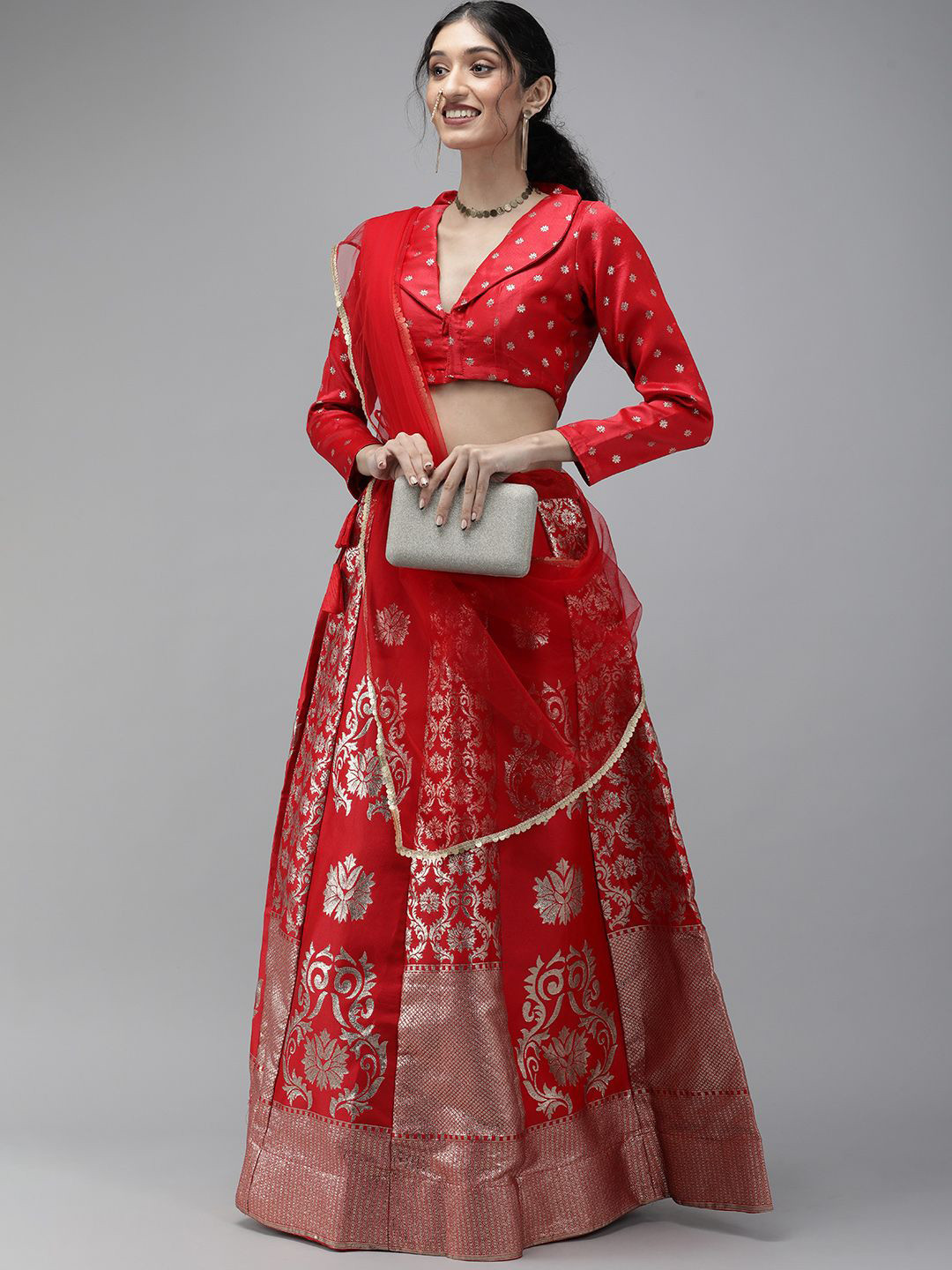 

MAGMINA Woven Design Jacquard Semi-Stitched Lehenga & Unstitched Blouse With Dupatta, Red
