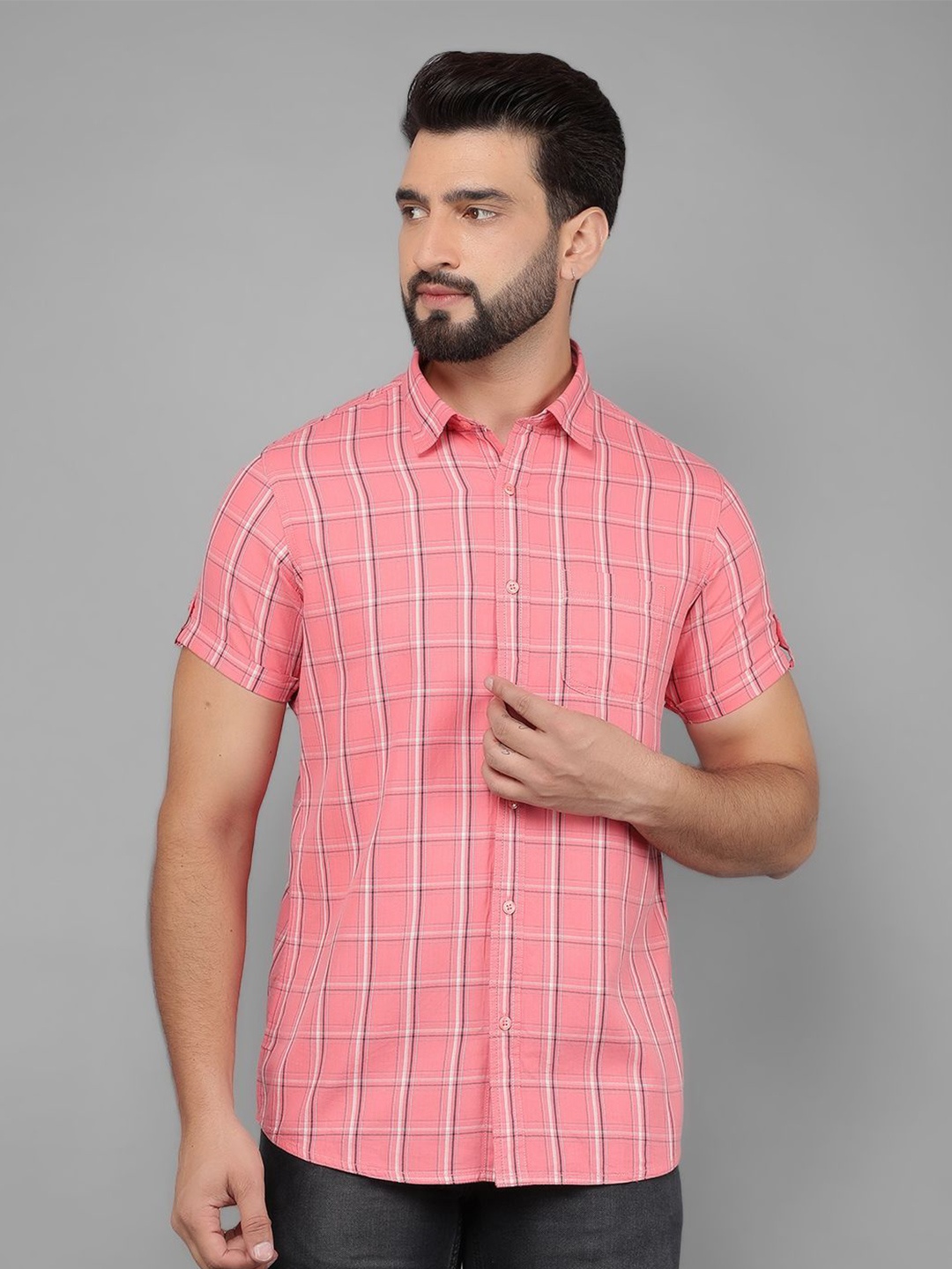 

Canary London Men Smart Slim Fit Tartan Checks Casual Shirt, Pink