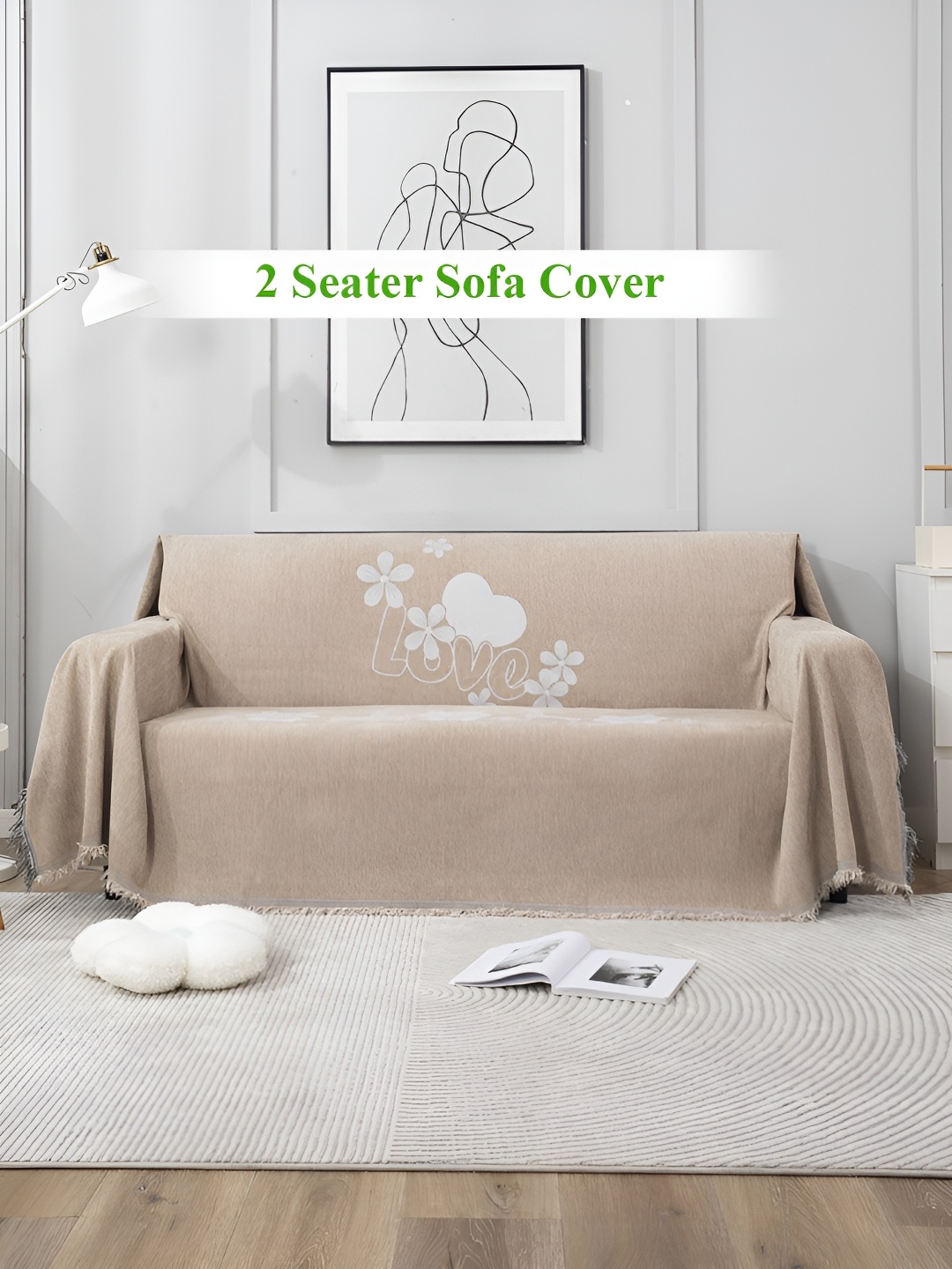 

HOKIPO Beige & White Printed Cotton Chenille 2 Seater Sofa Throw