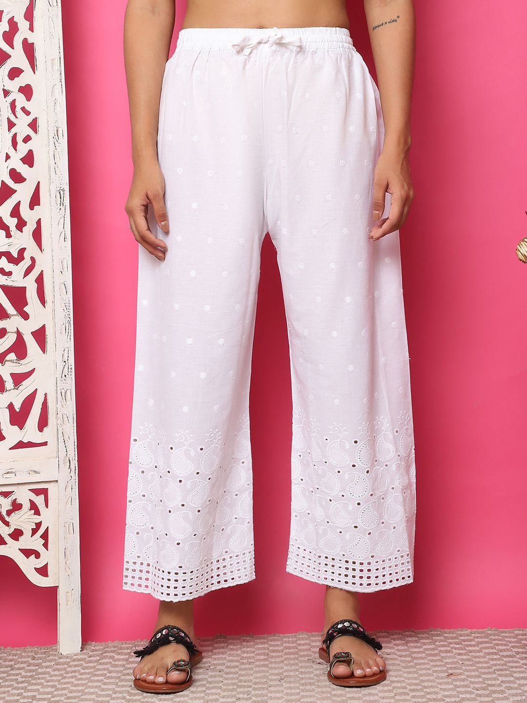 

TAG 7 Women Ethnic Motifs Sciffie Design Ethnic Palazzos, White
