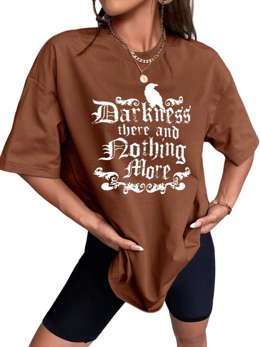 

TABADTOD Women Typography Printed V-Neck Applique T-shirt, Brown